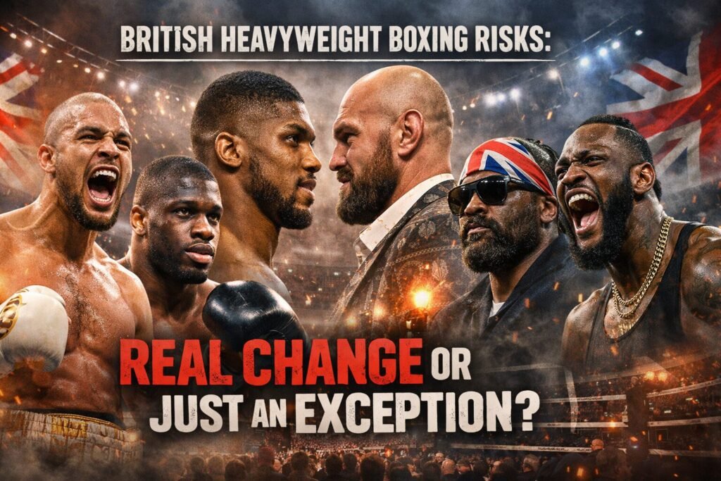 Dramatic landscape graphic showing British heavyweight boxers facing off in a boxing arena with bold text reading “British Heavyweight Boxing Risks: Real Change or Just an Exception?”