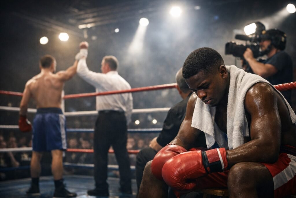 A young professional boxer sits exhausted on his stool after his debut fight as his opponent is declared the winner under bright arena lights, highlighting the pressure placed on boxing debutants.