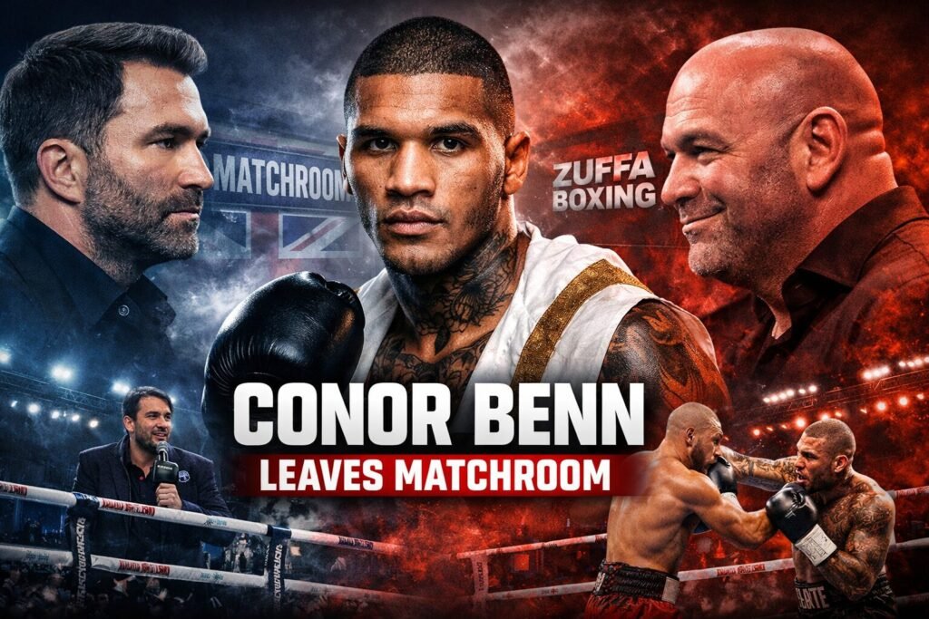 Conor Benn standing between opposing promotional forces, symbolising his decision to leave Matchroom for a one-fight deal with Zuffa Boxing.