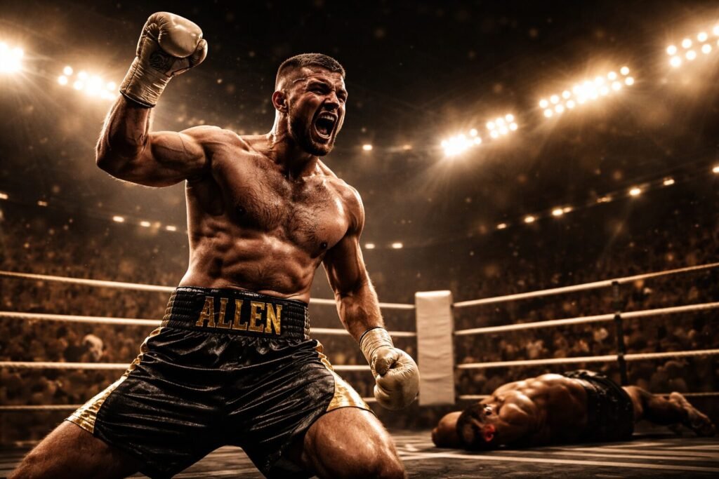 David Allen celebrating a first-round knockout in a heavyweight boxing ring under bright arena lights