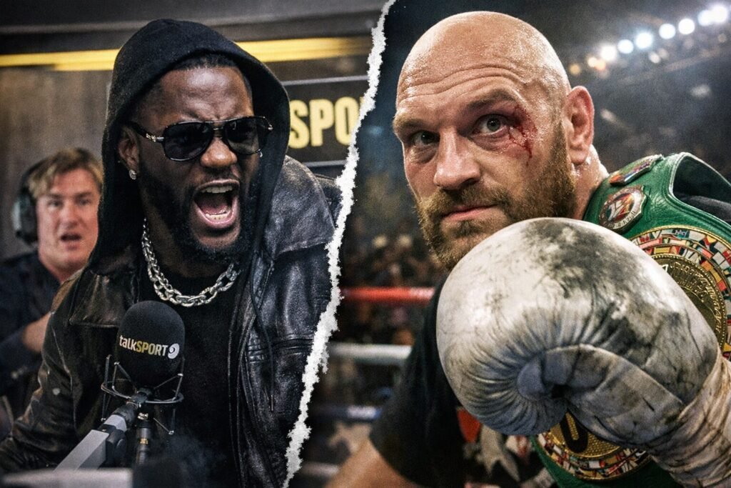 Split-screen image of Deontay Wilder reacting angrily during a UK radio interview and Tyson Fury standing in the ring wearing gloves after a heavyweight fight, illustrating the renewed Wilder–Fury glove-cheating controversy.