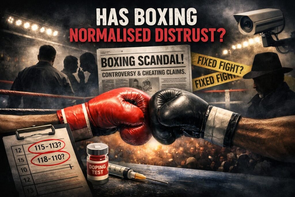 Boxing trust issues concept image showing two gloves clashing in a ring surrounded by suspicious scorecards, doping test vial, CCTV camera and “fixed fight” tape highlighting controversy in professional boxing.