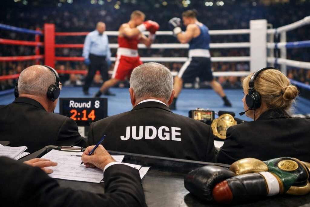Three professional boxing judges seated at ringside scoring a fight during a major bout, illustrating how boxing judges are selected and score contests