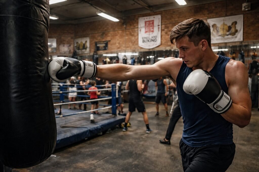 Young boxer training on a heavy bag inside a busy UK grassroots boxing gym, showing the pathway for how to get into boxing UK in 2026