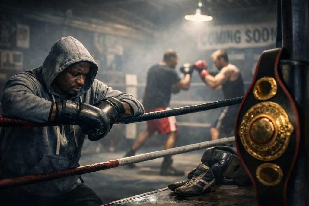 Boxer leaning on the ropes in a dimly lit gym while a world title belt hangs unused, symbolising boxing career stagnation and the struggle of almost-ready fighters