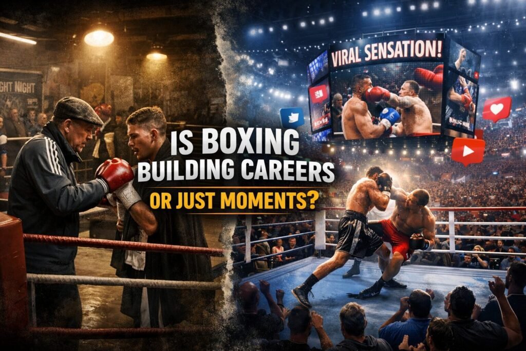 Split-image showing a grassroots boxing gym on one side and a large arena fight going viral on big screens, illustrating the debate around boxing career building versus chasing moments.