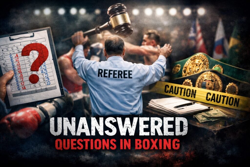 Referee standing between two fighters while a judge’s scorecard marked with a red question mark and championship belts wrapped in caution tape highlight concerns over boxing accountability and unanswered controversies.
