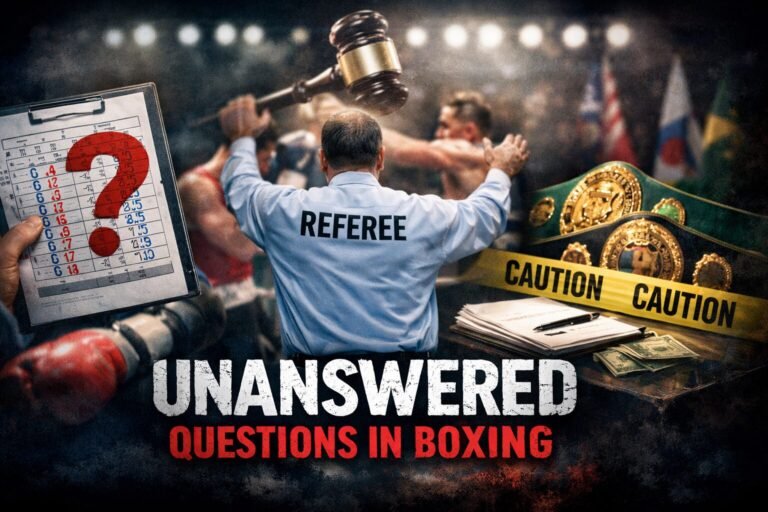 Referee standing between two fighters while a judge’s scorecard marked with a red question mark and championship belts wrapped in caution tape highlight concerns over boxing accountability and unanswered controversies.