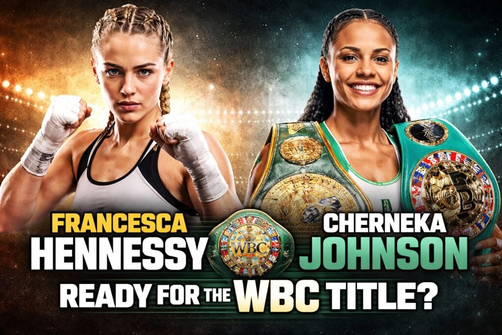Francesca Hennessy faces WBC bantamweight champion Cherneka Johnson in a promotional image highlighting Hennessy’s rise into Francesca Hennessy WBC title contention against a multi-belt world champion.