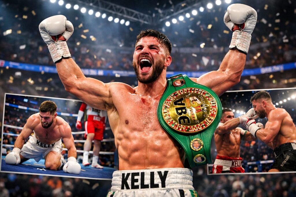 Josh Kelly celebrates in the ring after winning the IBF world title, arms raised following a dramatic championship fight