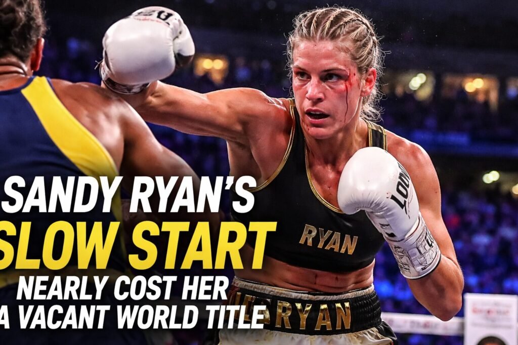Sandy Ryan landing a right hand during her vacant world title fight, illustrating the slow start that nearly cost her over ten two-minute rounds