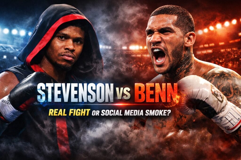 Shakur Stevenson and Conor Benn face off in a dramatic split-screen fight graphic with bold headline text reading “Stevenson vs Benn – Real Fight or Social Media Smoke?”