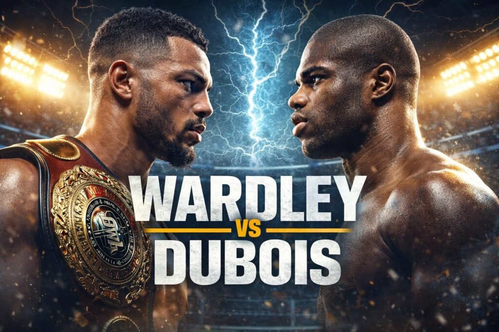 Fabio Wardley and Daniel Dubois facing off with the world heavyweight title belt ahead of their Wardley Dubois fight 2026 showdown
