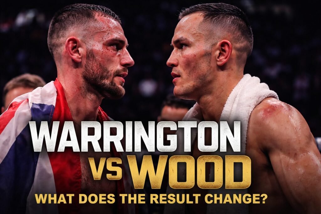 Leigh Wood and Josh Warrington face off after their super featherweight fight, with headline text reading “Warrington vs Wood – What Does the Result Change?”