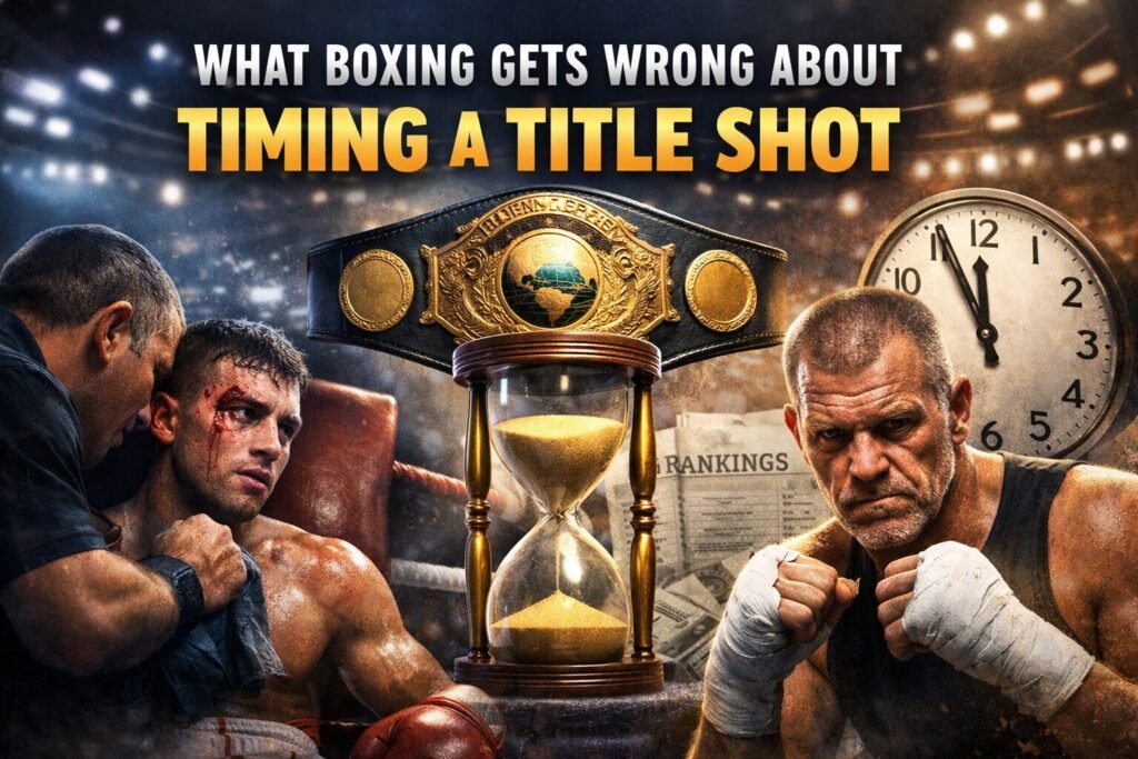 Boxing feature image showing a wounded young boxer in the corner, a championship belt balanced on an hourglass, and an older fighter beside a clock, symbolising poor boxing title shot timing