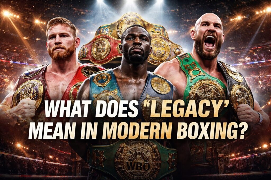Modern boxing champions holding world title belts under arena lights with headline text asking what legacy means in boxing