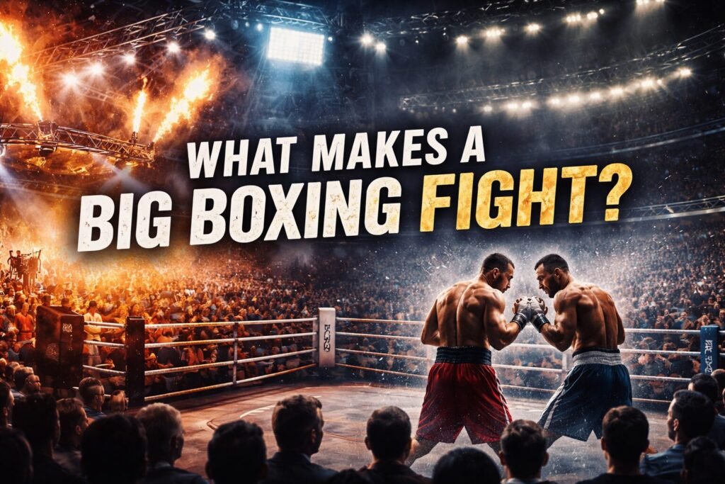 Dramatic boxing arena scene with two fighters facing off in a packed stadium, bright lights and pyrotechnics highlighting the debate around what makes a big boxing fight in 2026.