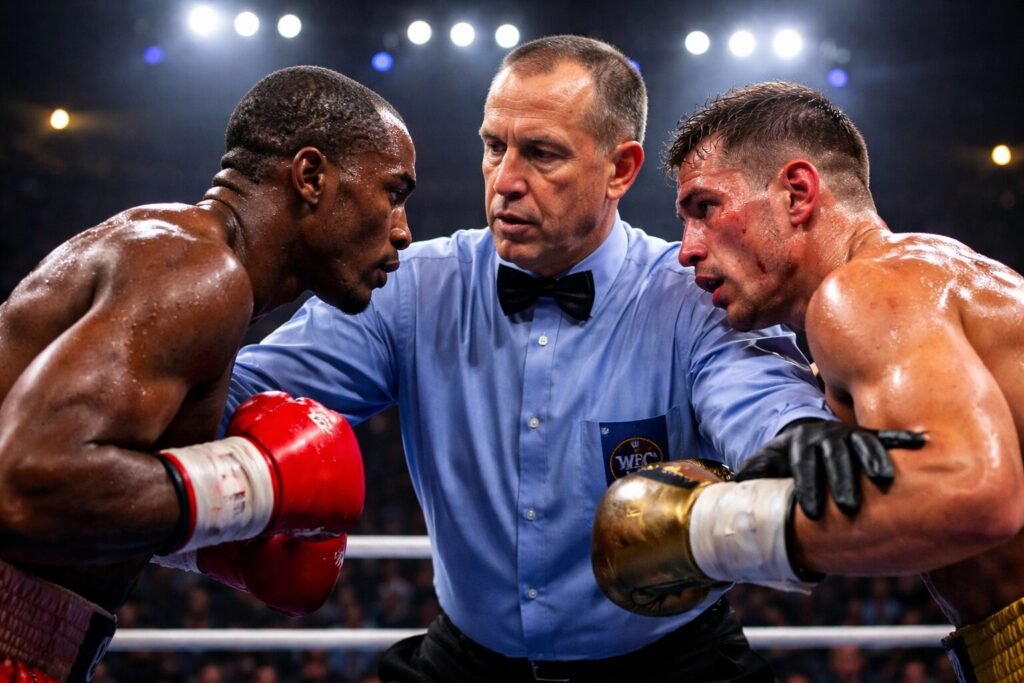 Boxing referee stepping between two fighters during a close-range exchange, highlighting the role of officiating and trust in boxing outcomes