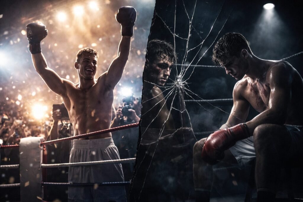 Young boxer celebrating victory on one side of a split image while the same fighter sits bruised and defeated in the corner on the other, symbolising the highs and lows of boxing prospect development.