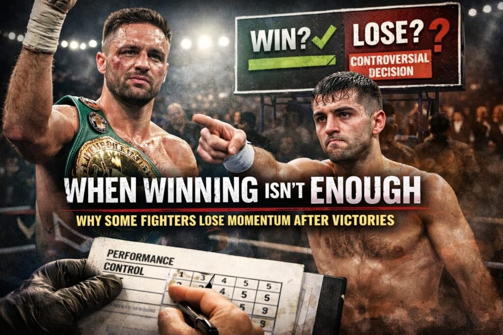 Josh Taylor holding his championship belt after his controversial points win over Jack Catterall, with Catterall reacting in frustration, symbolising how some boxers win fights but lose momentum.