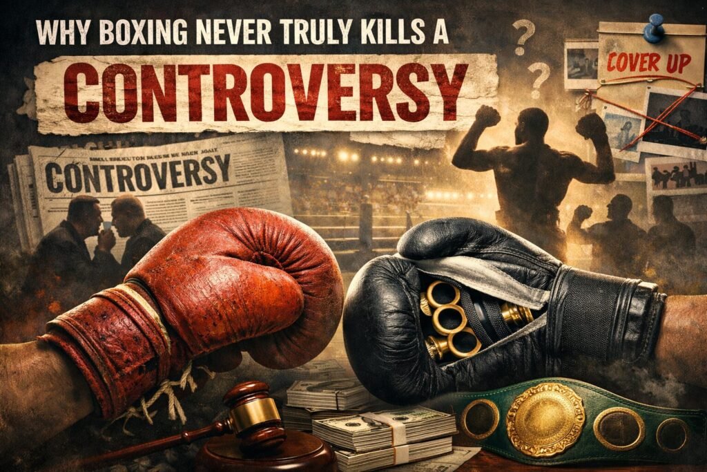 Boxing gloves facing off in a dramatic collage featuring a championship belt, money, newspaper headlines and shadowy figures, representing unresolved controversies in professional boxing.