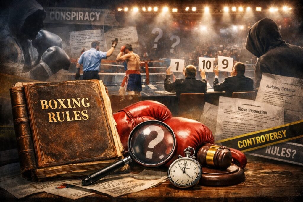 Vintage boxing rulebook beside red gloves and a referee’s gavel, with judges scoring a fight in the background, illustrating confusion around boxing rules explained.