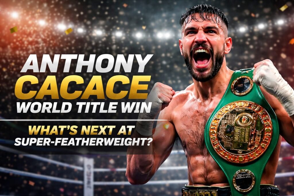 Anthony Cacace celebrates his world title win with the belt over his shoulder after defeating Jazza Dickens at super-featherweight