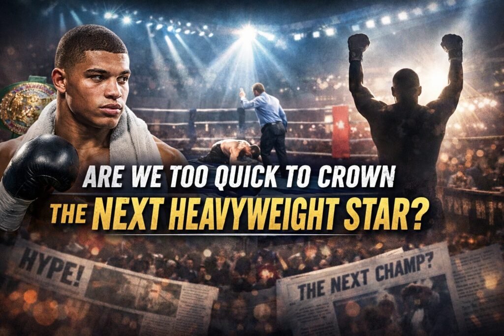 Heavyweight boxing montage showing rising prospect, knockout scene and champion celebration with headline about the next heavyweight star in boxing