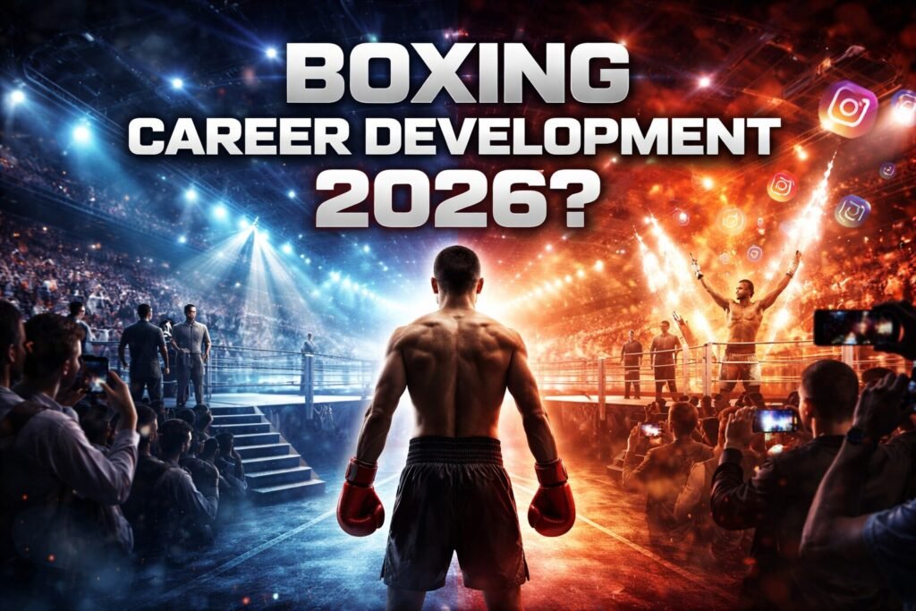 Futuristic split-scene boxing image showing a lone fighter between a traditional arena under cool blue lights and a flashy influencer-style ring under neon lights, representing boxing career development 2026.