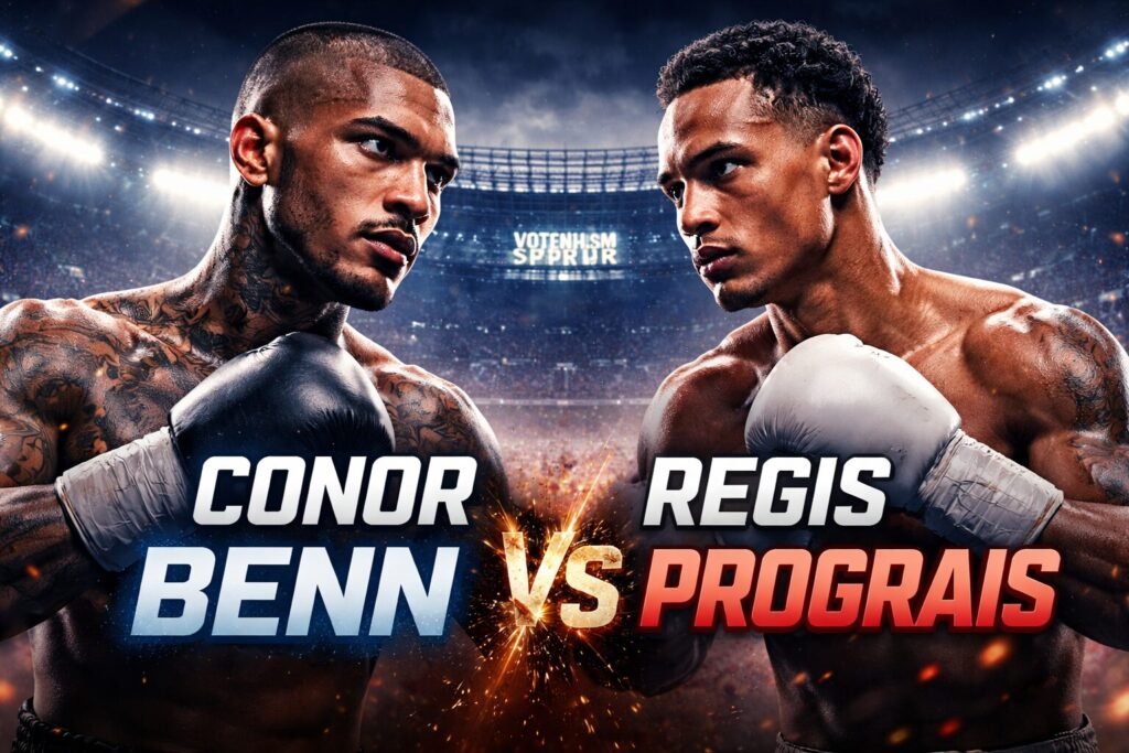Conor Benn and Regis Prograis facing off in a stadium setting ahead of their April 2026 Tottenham Hotspur Stadium fight, illustrating analysis of Conor Benn career direction.