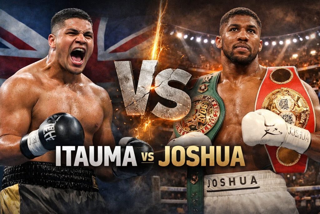 Moses Itauma and Anthony Joshua face off in a split image with a bold “vs” graphic, comparing the rising heavyweight prospect to the former world champion