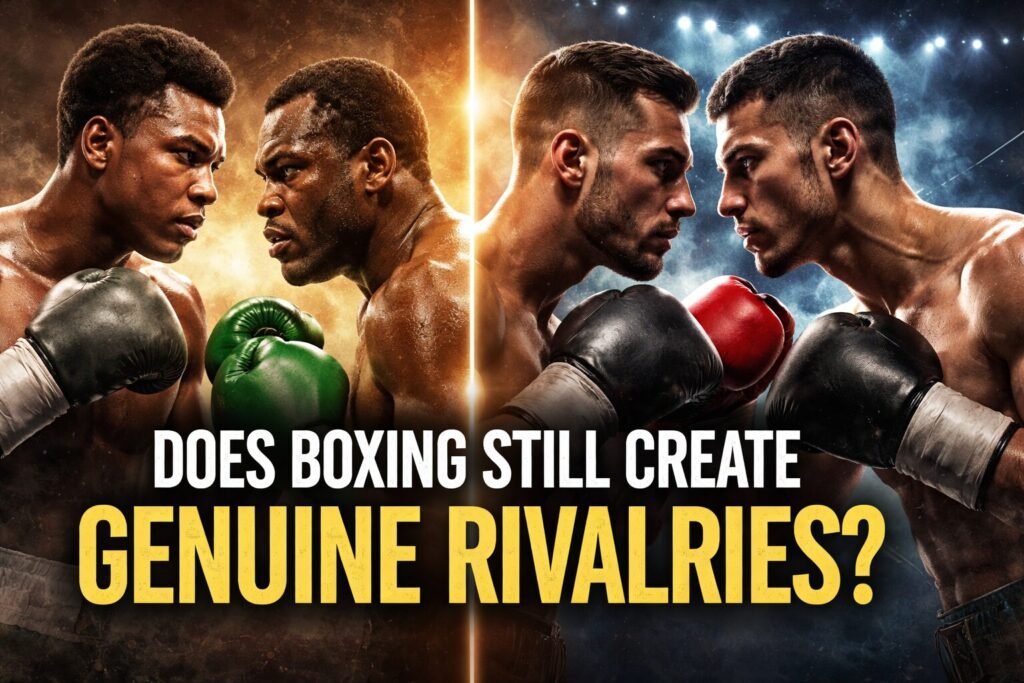 Split-image boxing graphic showing a classic rivalry face-off on one side and modern fighters on the other with the headline “Does Boxing Still Create Genuine Rivalries?”