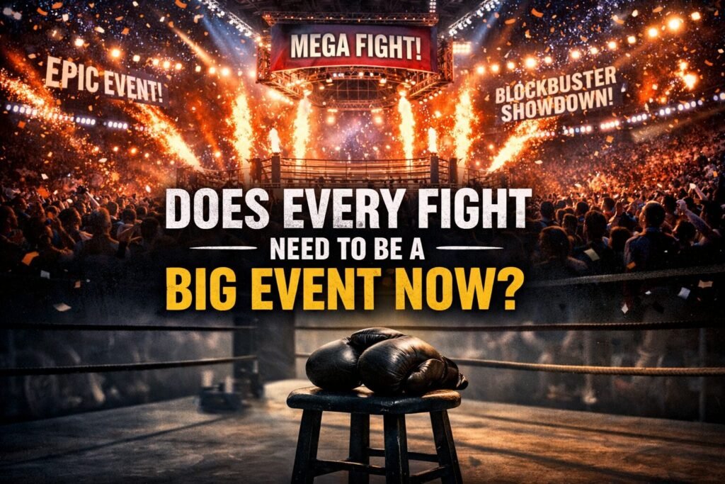 boxing arena with huge event lights and fireworks contrasted with quiet boxing ring gloves showing boxing hype problem