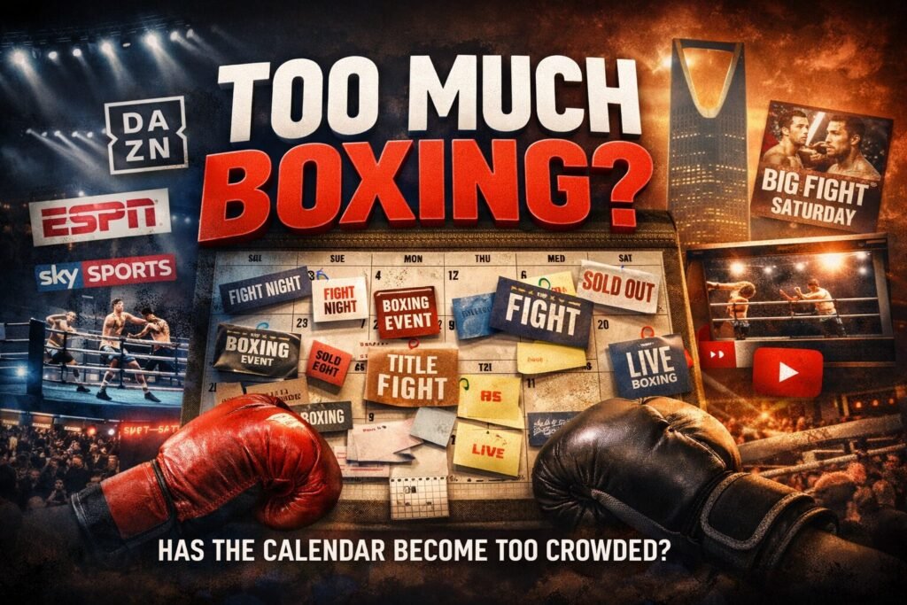 Too much boxing feature image showing crowded boxing calendar with fight nights, TV logos and boxing gloves representing too many events in boxing