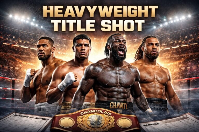 Heavyweight boxing contenders including Moses Itauma, Anthony Joshua and Deontay Wilder stand in a stadium with a world title belt, representing the crowded heavyweight boxing rankings 2026 race