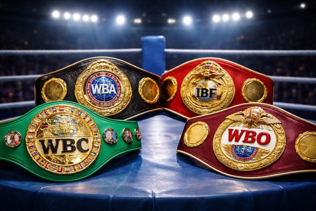 Four major boxing championship belts representing the WBC, WBA, IBF and WBO placed inside a boxing ring under arena lights, symbolising how boxing sanctioning bodies operate.