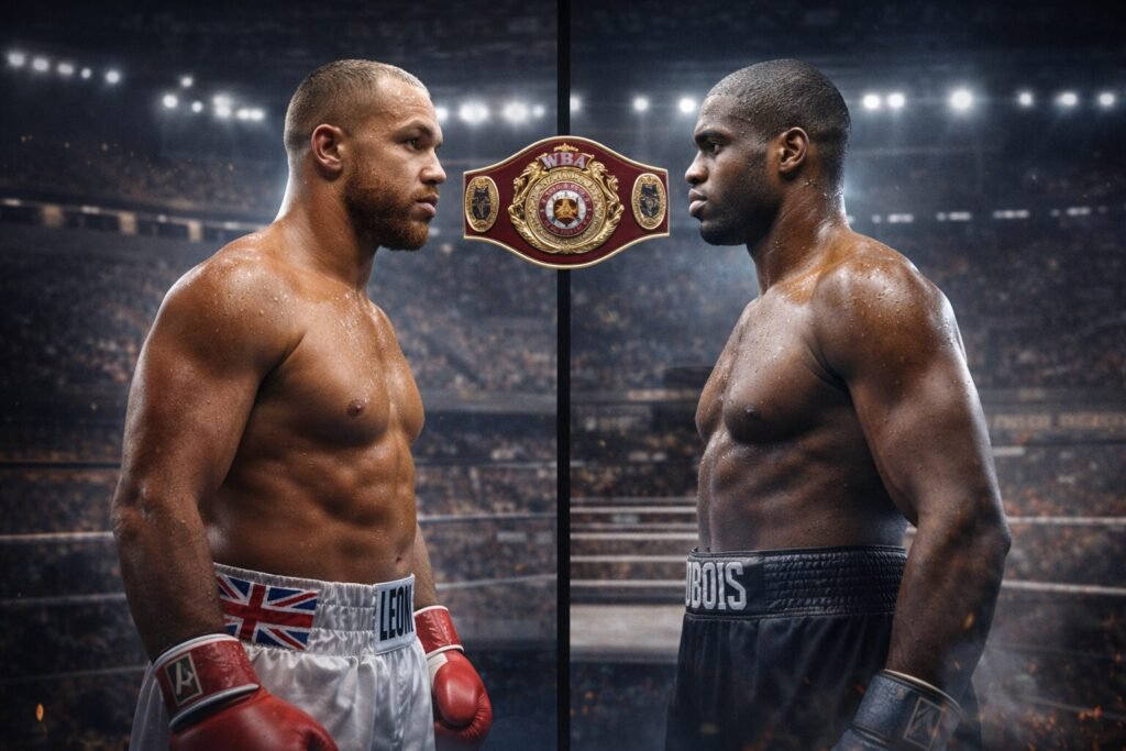 Fabio Wardley and Daniel Dubois facing off in a heavyweight boxing ring with a world championship belt between them representing a British world title fight debate.