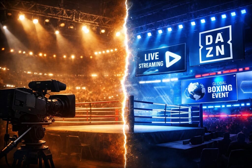 Split boxing arena showing traditional broadcast production on one side and modern digital streaming screens on the other, representing boxing industry evolution.