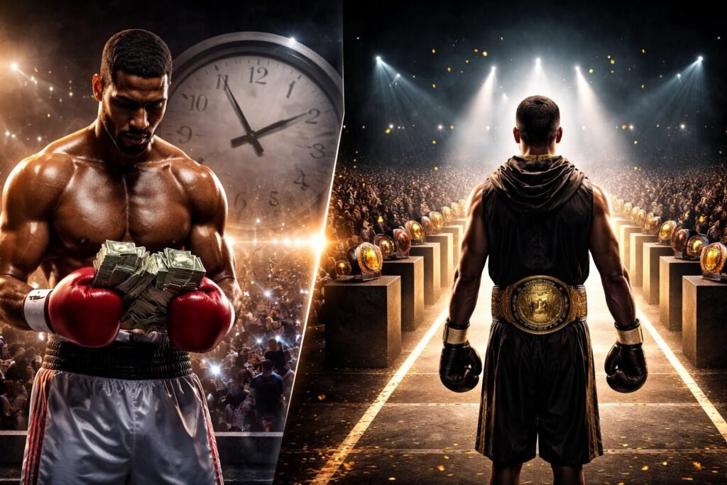 Split-image of a professional boxer representing short-term success versus long-term career planning in boxing, with money and media attention on one side and a championship belt pathway on the other.