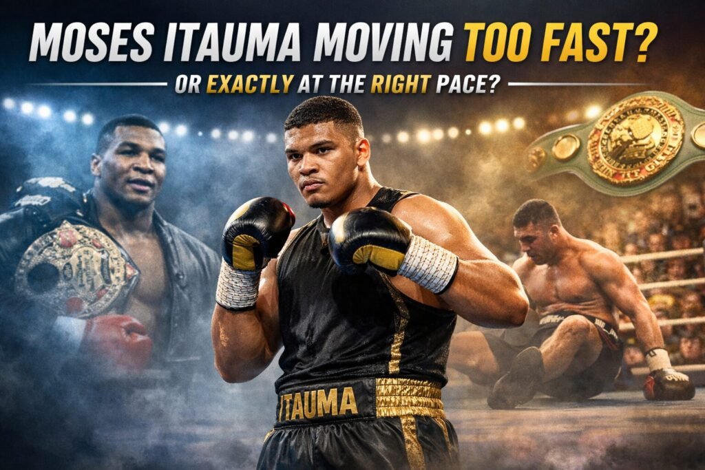Moses Itauma in boxing stance with gloves raised under arena lights, with imagery of heavyweight success and defeat behind him, representing debate around his development pace