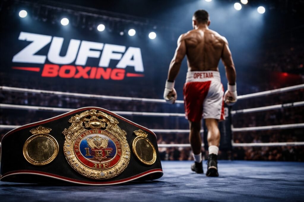 Jai Opetaia walking away from the IBF cruiserweight title belt in a boxing ring with Zuffa Boxing branding in the background, representing the controversy after Opetaia was stripped of the IBF title.