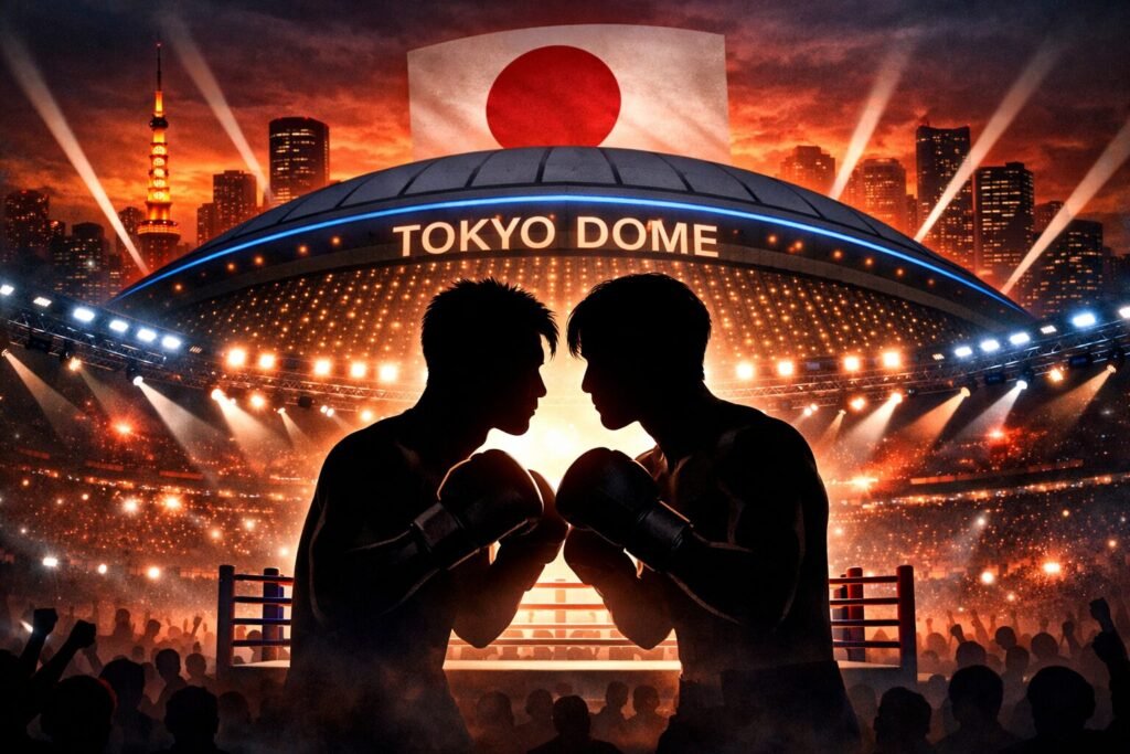 Naoya Inoue vs Junto Nakatani Tokyo Dome fight graphic showing two silhouetted boxers facing off inside a stadium with Tokyo skyline and Japanese flag in the background.