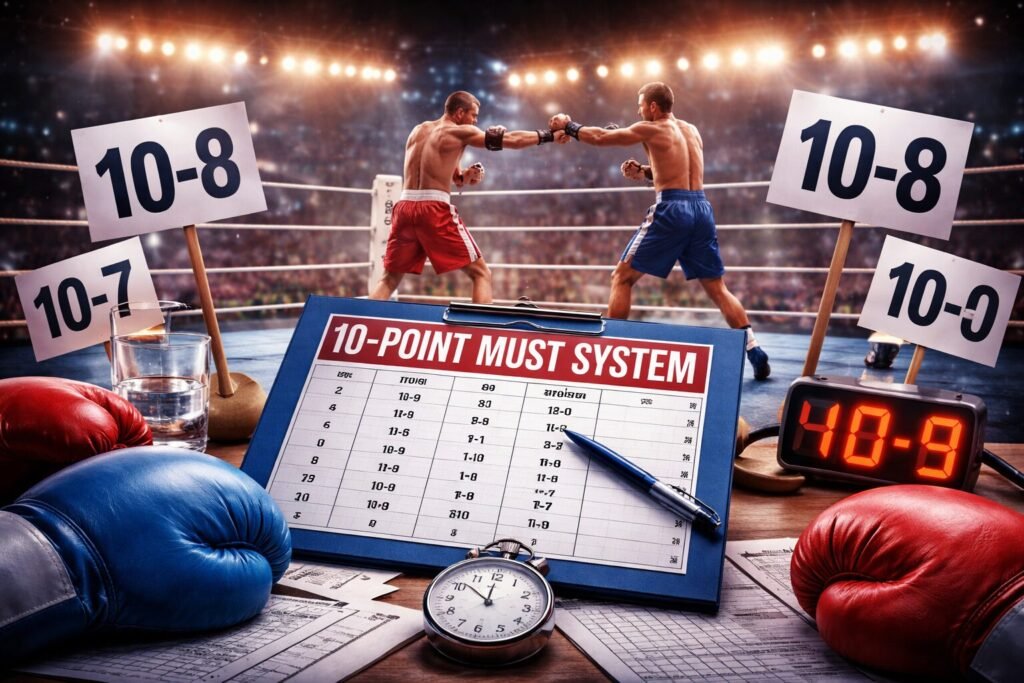 Boxing 10 point must system explained – judges’ scorecard showing 10-9 and 10-8 rounds at ringside with two boxers fighting under championship lights