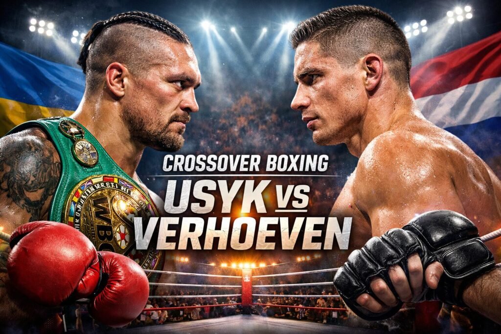 Usyk vs Verhoeven crossover boxing fight promotional image with heavyweight champion Oleksandr Usyk facing kickboxing champion Rico Verhoeven in a boxing ring