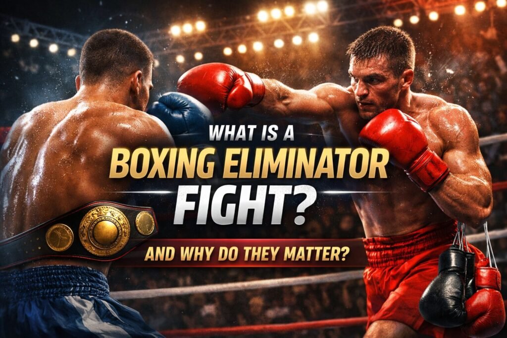 boxing eliminator fight explained feature image showing two boxers fighting in a ring with championship belt representing final eliminator bout