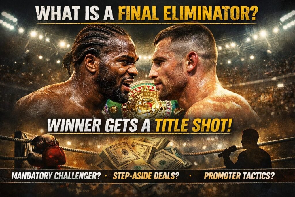 Two professional boxers face off under arena lights with a world title belt between them, representing a boxing final eliminator fight and the path to a mandatory title shot.