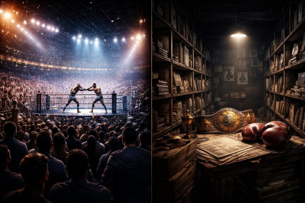 Split-image of a packed boxing arena under bright lights contrasted with a dim archive room containing old belts, gloves and newspapers, symbolising big fights versus meaningful boxing fights