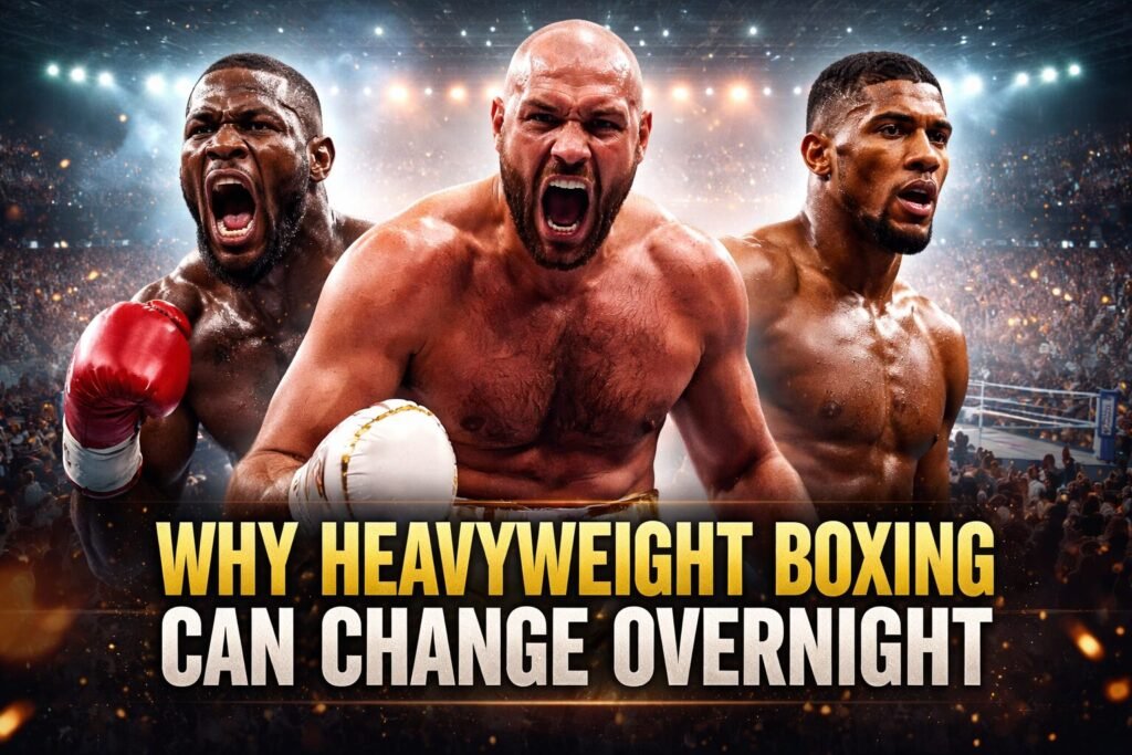 Heavyweight boxing fighters Tyson Fury, Deontay Wilder and Anthony Joshua in a dramatic arena setting representing heavyweight boxing unpredictability and division-changing fights