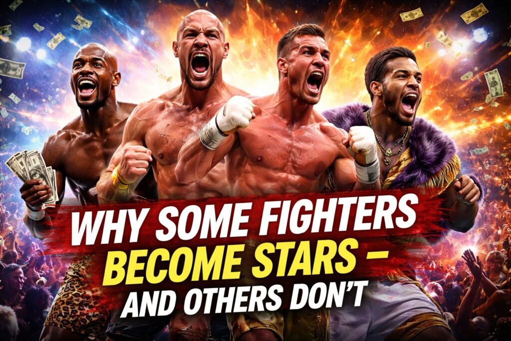 Boxing stars celebrating in the ring as a crowd reacts, representing why some fighters become stars while others remain unknown.