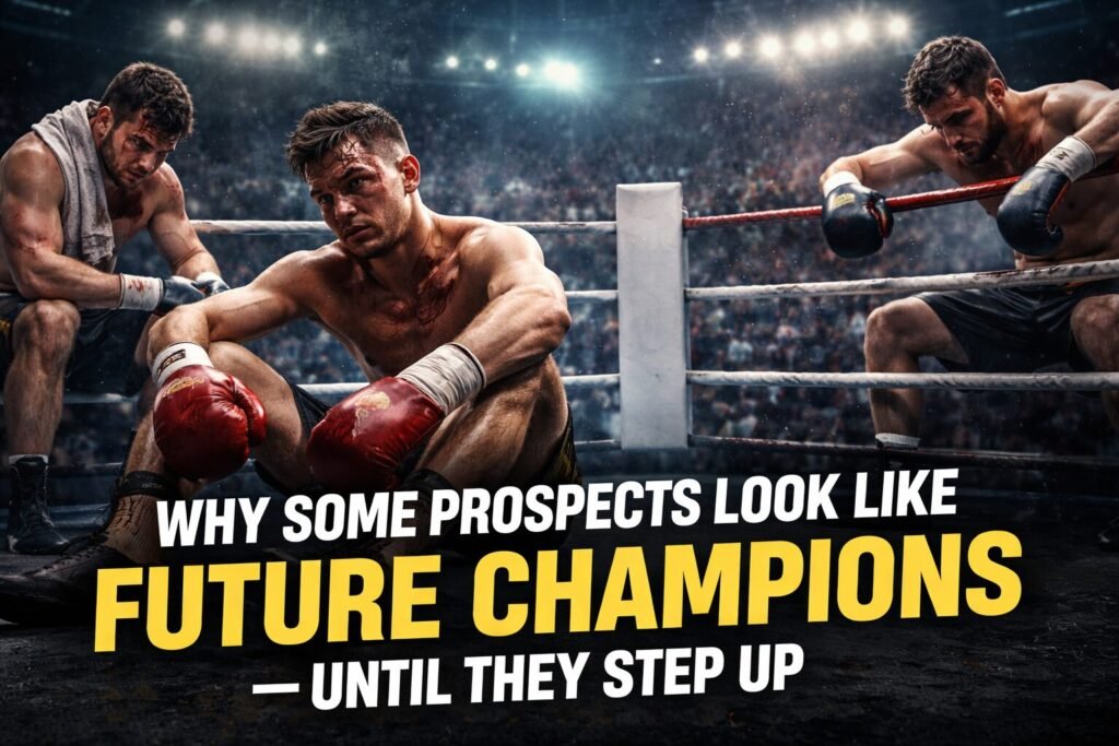 boxing prospects sitting in ring after tough fight showing reality behind boxing prospects hype and step up in level